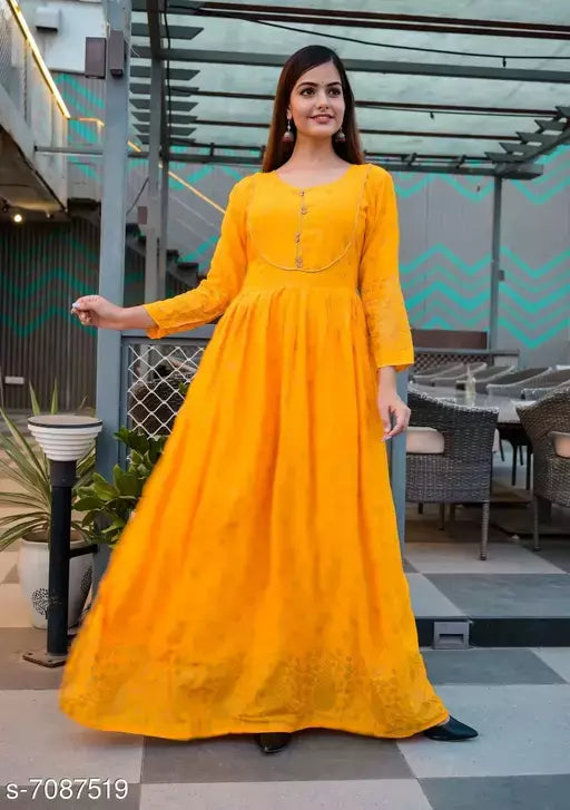 Women Rayon Pleated Printed Yellow Kurti
