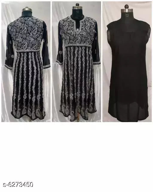 Handwork Chaikankari Chiffon Anarkali Kurti &with inner.