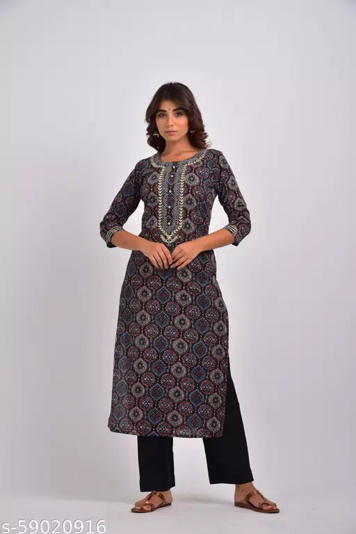 Swasti  Women Plus Size Printed  Embroidered Pure Cotton Straight Kurta  (Dark Blue)