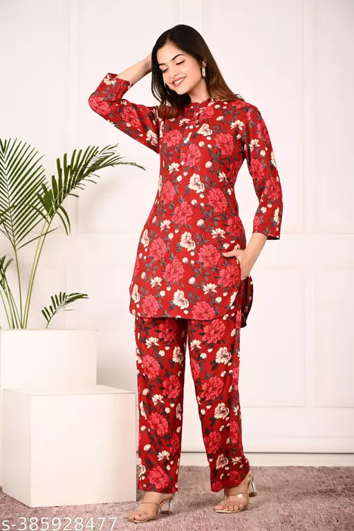 Febq Womens Designer Print Co-Ord Set Relaxed Fit for Women- Two Piece Co Ord Set Top & Pant 