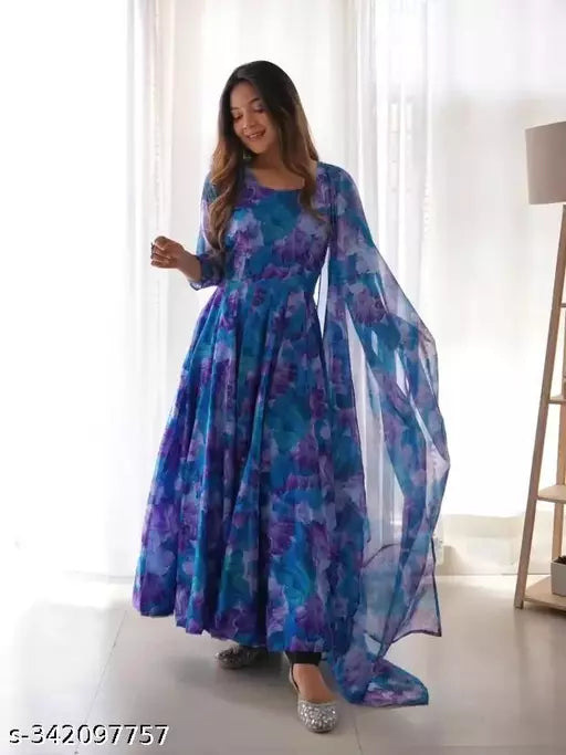 QVAZOR Stylish Fancy Trendy Printed Georgette Gown For Women For Party Wedding Festival Functions