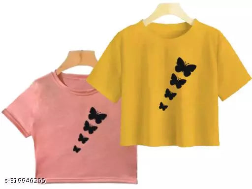 Trendy Feminine Printed Crop Tshirt Round Neck Top For Womens (Combo2)