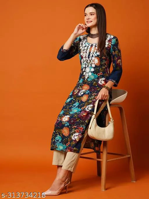 Anni Designer Women's Navy Blue Straight Floral Embroidered Printed Kurti