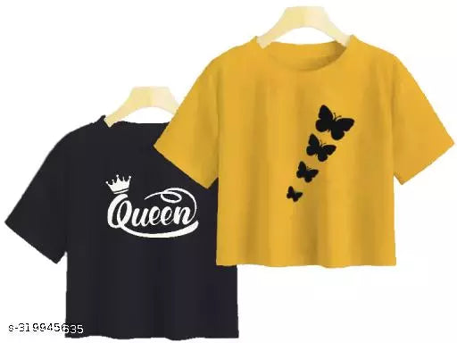 Trendy Feminine Printed Crop Tshirt Round Neck Top For Womens (Combo2)