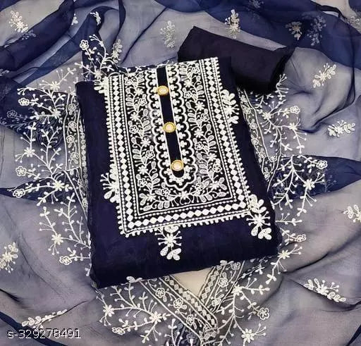 Women's Blue Floral Embroidered Organza Suits & Dress Materials