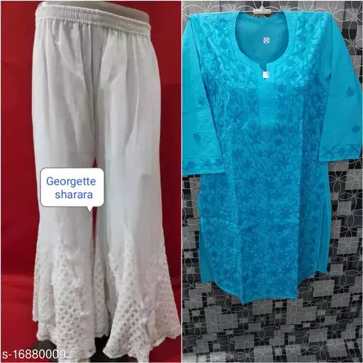 Women's Chikankari Embroidered Aari Work Cotton Kurta Set with Sharara.