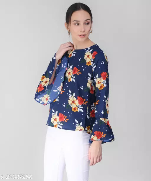 Vivient Women Nevy Base Red Floral Printed Bell Sleeve Top