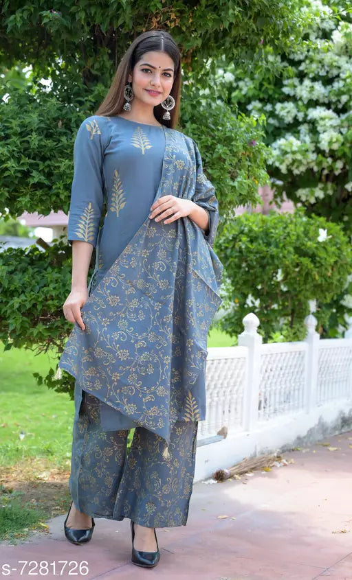Women Rayon A-line Printed Long Kurti With Palazzos And Dupatta