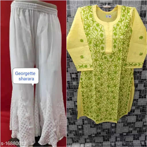 Women's Chikankari Embroidered Aari Work Cotton Kurta Set with Sharara.