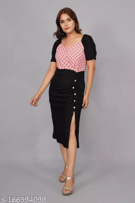 Side Slit Puff Sleeve Polka Doted  Knee Length Bodycon Dress