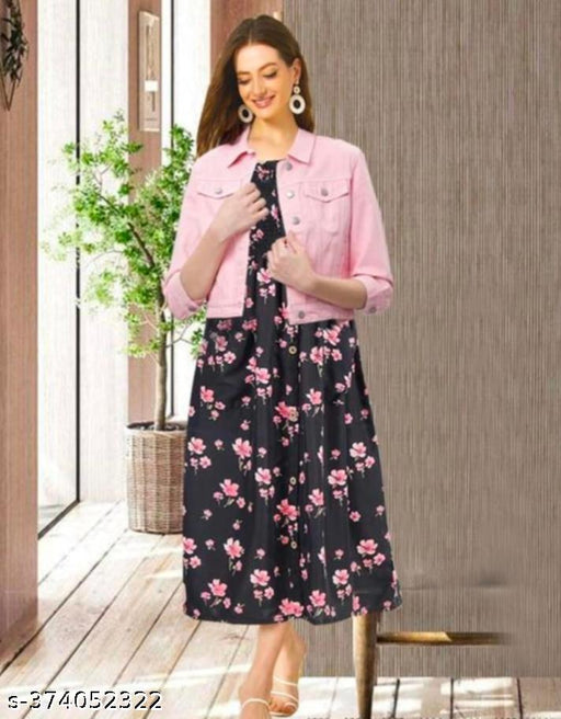 Black multicolour dress & pink  jacket