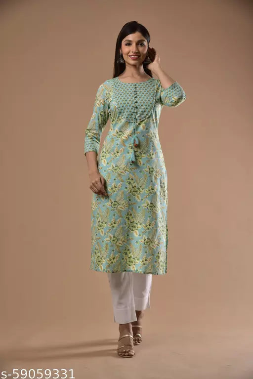 Swasti  Women Plus Size Printed Pure Cotton Straight Kurti  (Green)