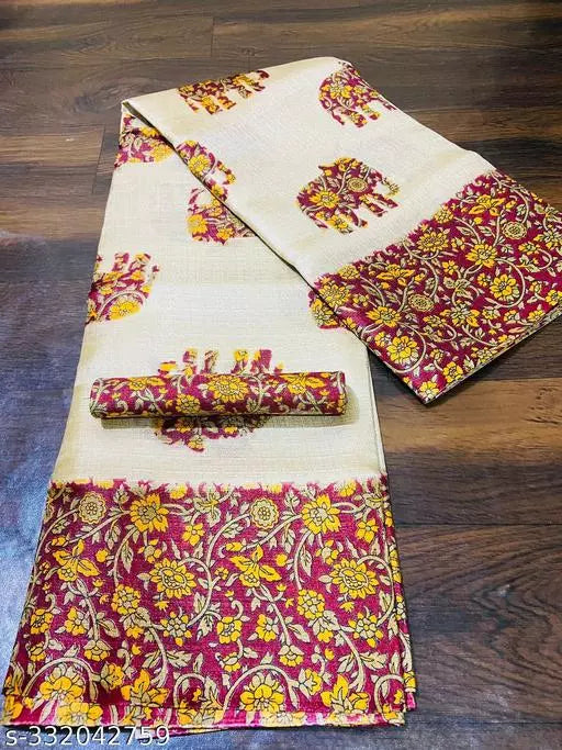 ELEPHANT PRINTED KHADI SILK BLENDED LIGHT WEIGHT COMFERTABLE WEAR SAREE WITH BLOUSE