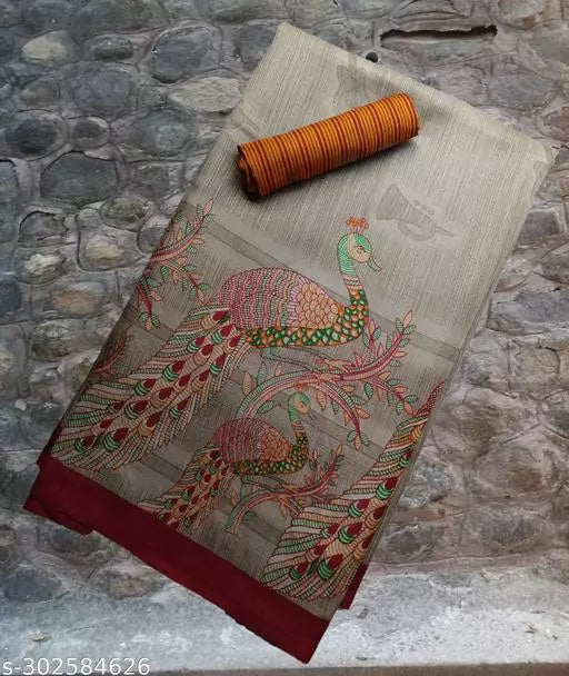 PEACOCK DESIGN LIGHT WEIGHT BEST PRICE ( KHADI -ART SILK MIX MATERIAL) SKIN FRIENDLY SAREE WITH UNSTICHED BLOUSE