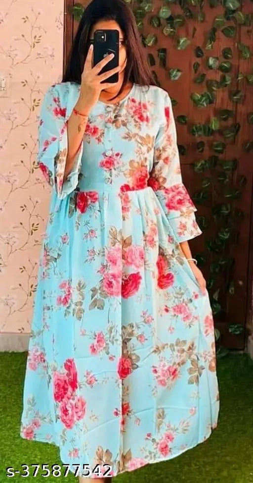 JKP COLLECTIONs Womens & Girls A-Line Dress  Casual Wear Printed & Short Sleeve Dress Fabric Cotton In Color Blue