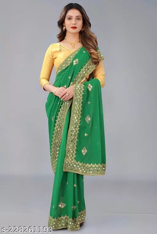 HEAVY KAJU DESIGN EMBROIDERY WORK WITH MIRROR SAREE BY KRADDLE