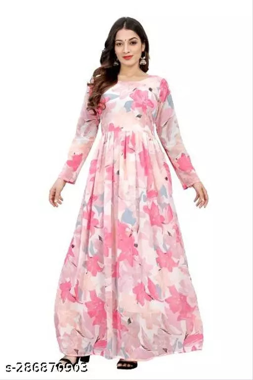 QVAZOR Stylish Fancy Trendy Printed Georgette Gown For Women For Party Wedding Festival Functions