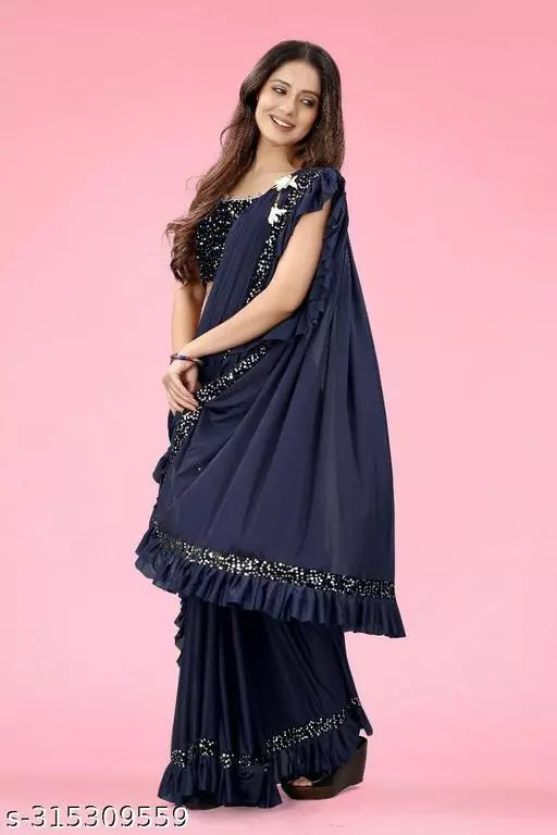 Ready To Wear Lycra Freel Fancy Party Wear Sarees Nevy Blue Colour Sarees with sequance blouse BY Kraddle