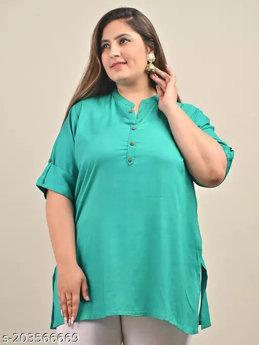 Plus Size-Swasti Women Printed   Rayon Straight Short Tops & Tunics (Turquoise)