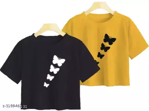 Trendy Feminine Printed Crop Tshirt Round Neck Top For Womens (Combo2)