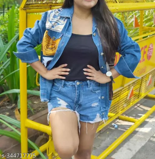 Jkp Collection Women & Girl's Casual Jacket For Long Sleeve  Printed  Fabric Denim Jacket In Color Dark Blue