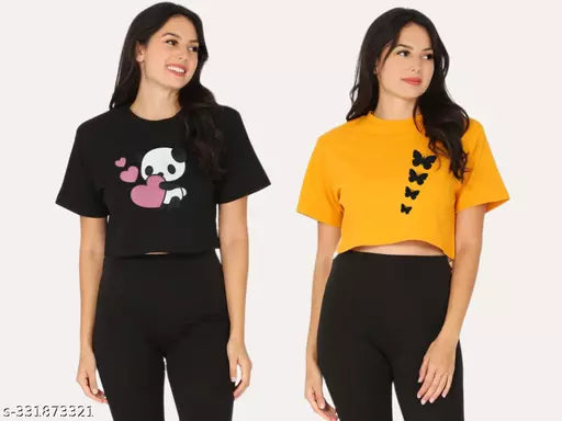 Trendy Feminine Printed Crop Tshirt Round Neck Top For Womens(Pack Of 2)