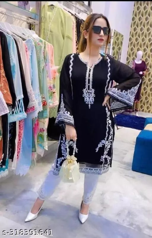 Women Georgette Kurta / Kurti and pant set top for girls simple nayra women ladies Black color Kurti set combo