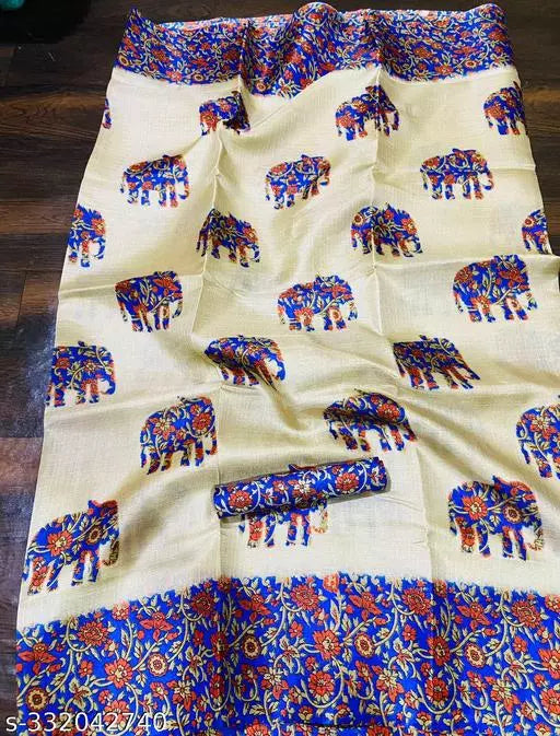 ELEPHANT PRINTED KHADI SILK BLENDED LIGHT WEIGHT COMFERTABLE WEAR SAREE WITH BLOUSE