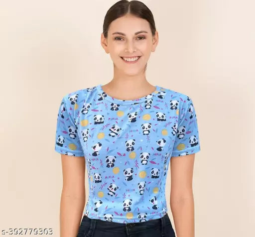 Trendy Feminine Printed Crop Tshirt Round Neck Top For Womens