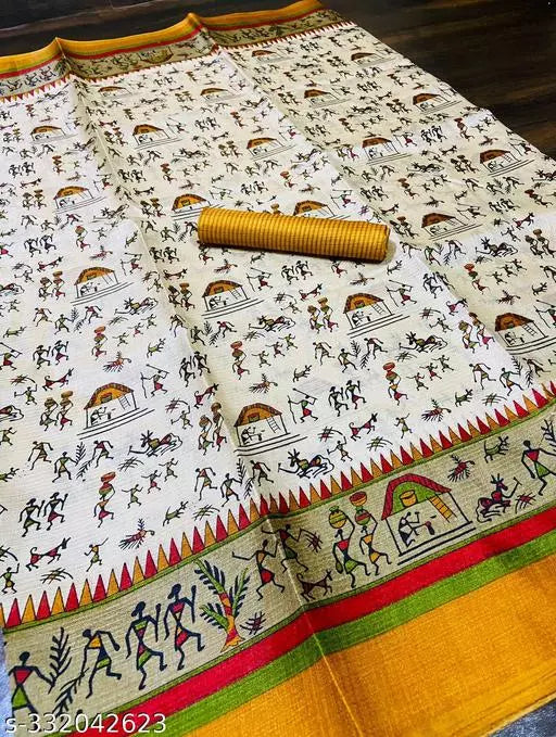 WARLI PRINTED KHADI SILK BLENDED LIGHT WEIGHT COMFERTABLE WEAR DESIGNER SAREE WITH BLOUSE