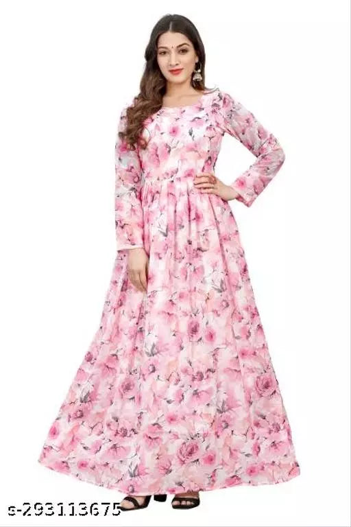 QVAZOR Stylish Fancy Trendy Printed Georgette Gown For Women For Party Wedding Festival Functions