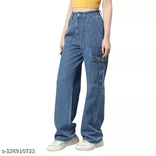 WOMEN LATEST CARGO TROUSERS | SOLID HIGH-RISE CARGO JEANS | 6 POCKET WIDE LEG DENIMS | 80'S ROCKER-CHIC INSPIRED CARGO PANTS | SIT ABOVE | NON-STRETCH FIT WITH A WIDE LEG | SPORTY LOOK LOOSE FIT DENIMS