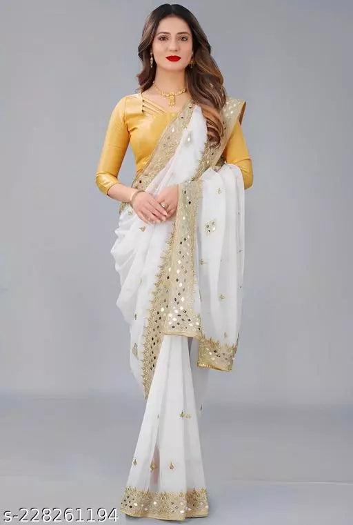 HEAVY KAJU DESIGN EMBROIDERY WORK WITH MIRROR SAREE BY KRADDLE