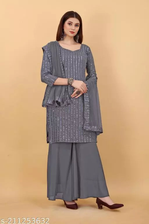 Women's Faux Georgette Sequence Embroidery Work Unstitched kurta(Dress Matirial) With Full Stitched Sharara and dupatta