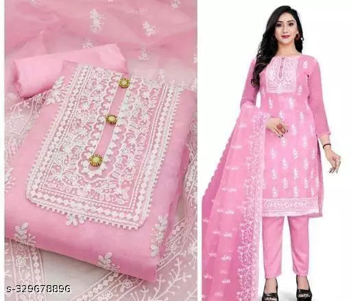 Women's Designer Chainstich Embroidered Multiwork Double Sequence Pink Floral Embroidered Organza Suits & Dress Materials