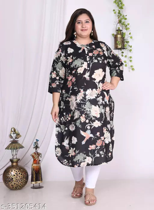 Women Plus Size Floral Print Pure Cotton Straight Kurta  (Black)