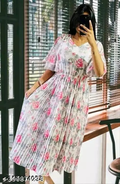 JKP COLLECTION Women & Girl Georgette Fabric  Pattern Floral Printed  Fit & Flared  V Neck  Short Sleeve Dresses In Colour White