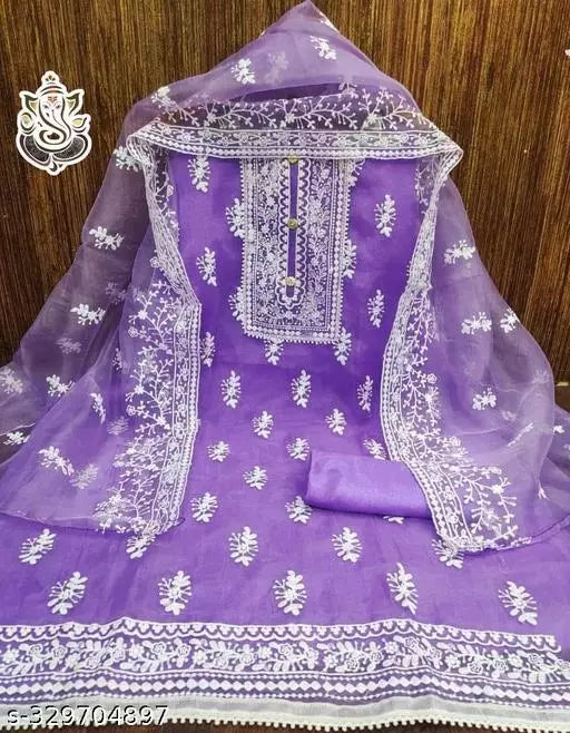 Jivika Graceful Salwar Suits & Dress Materials Exclusive Fancy Women's Designer Chainstich Embroidered Multiwork Double Sequence Lavendar Rama Floral Embroidered Organza Suits & Dress Materials