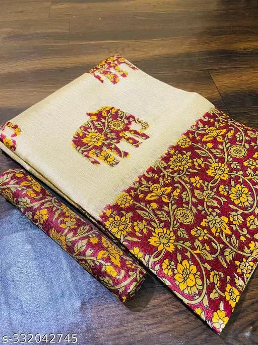 ELEPHANT PRINTED KHADI SILK BLENDED LIGHT WEIGHT COMFERTABLE WEAR SAREE WITH BLOUSE