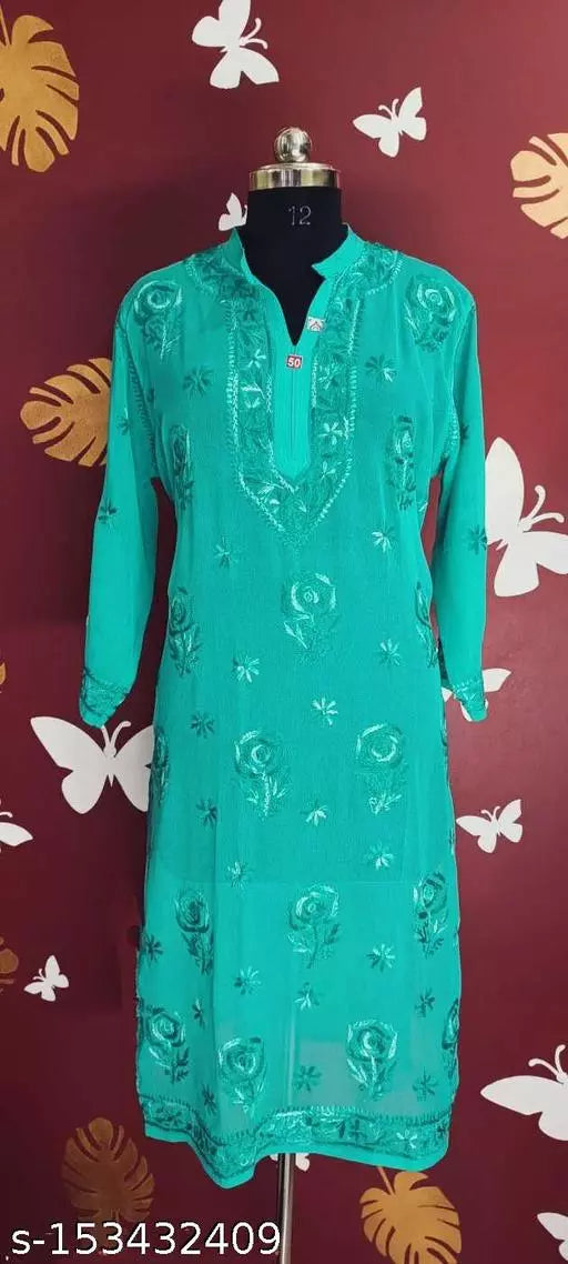 Handwork Embroidered Chikankari Georgette Rose Kurti .