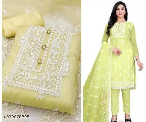 Women's Designer Chainstich Embroidered Multiwork Double Sequence Yellow Floral Embroidered Organza Suits & Dress Materials