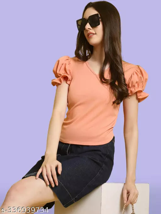 Women Peach Solid Puff Sleeve Wrap Top (Women Top | Women Tops | Top)