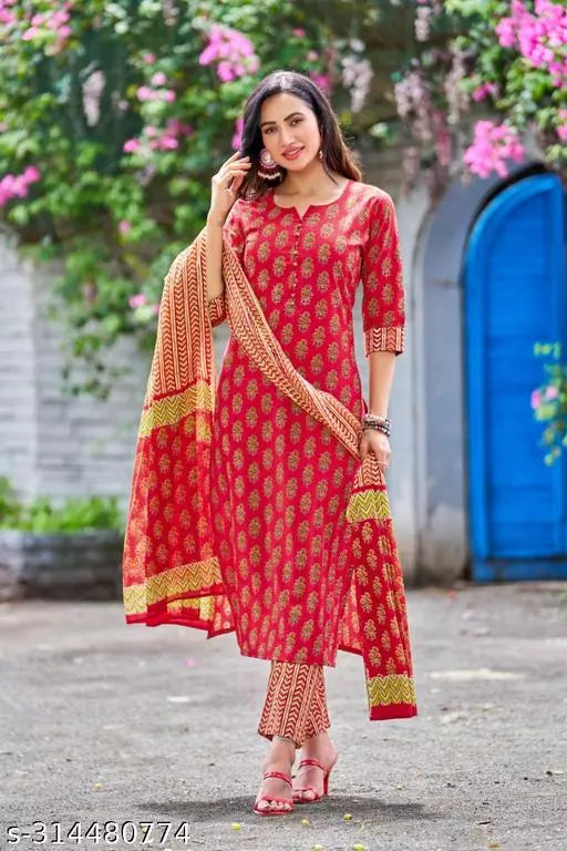 Anni Designer Women's Cotton Blend Red Straight Printed Kurta with Trouser & Dupatta