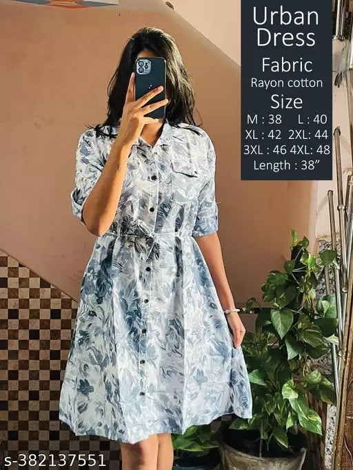 JKP COLLECTION Trendy Floral Print Women's Rayon A-Line Below The Knee Length Casual Dress Grey