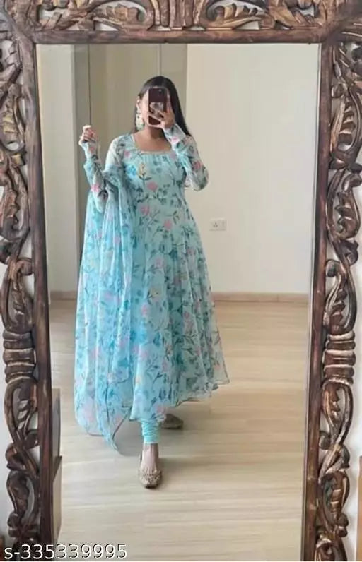 QVAZOR Stylish Fancy Trendy Printed Georgette Gown For Women For Party Wedding Festival Functions