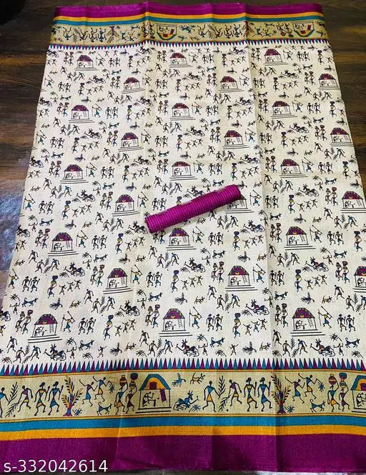 WARLI PRINTED KHADI SILK BLENDED LIGHT WEIGHT COMFERTABLE WEAR DESIGNER SAREE WITH BLOUSE