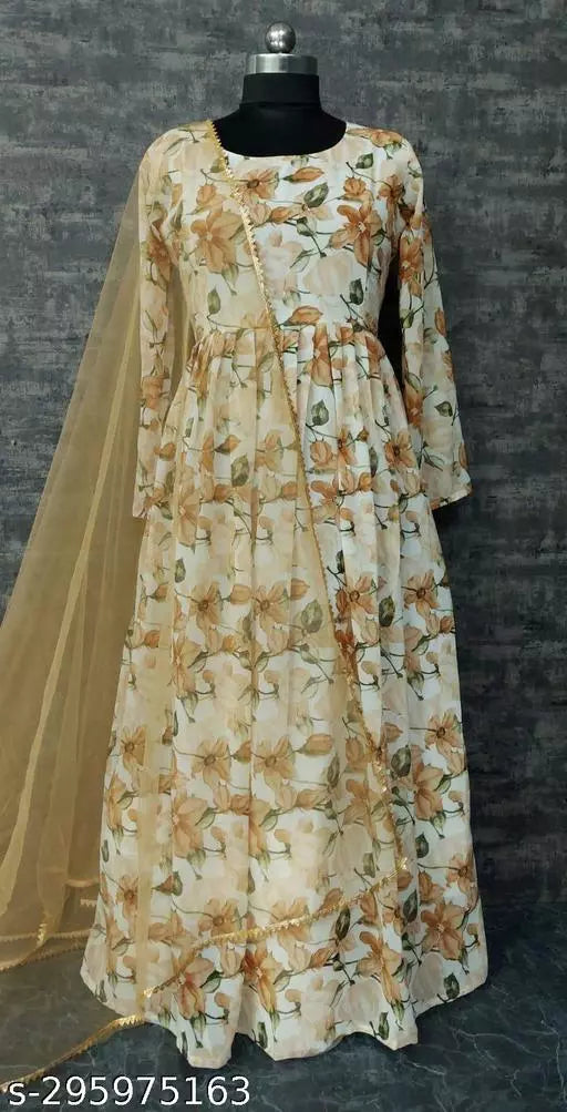 QVAZOR Stylish Fancy Trendy Printed Georgette Gown For Women For Party Wedding Festival Functions