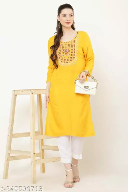 Vivient Women Mustard Embroidered Kurti with White Pant