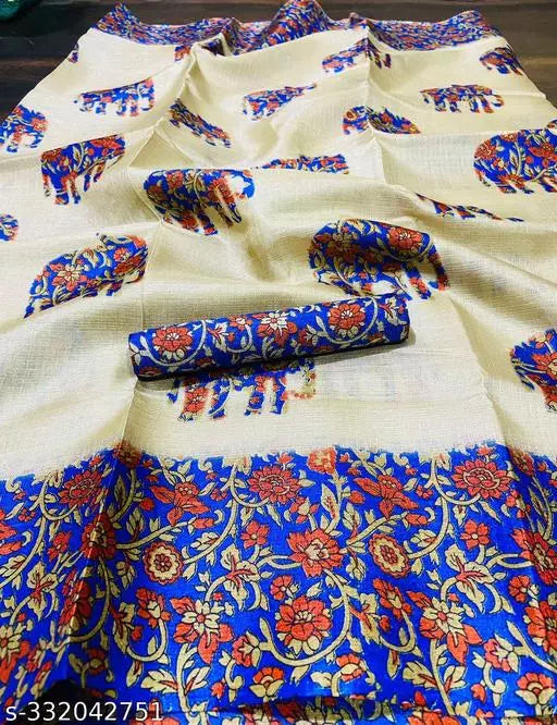 ELEPHANT PRINTED KHADI SILK BLENDED LIGHT WEIGHT COMFERTABLE WEAR SAREE WITH BLOUSE