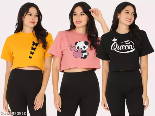 Trendy Feminine Printed Crop Tshirt Round Neck Top For Womens(Pack Of 2)
